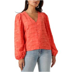 OBJECT Blouse Koraalrood met V-Hals en Pofmouwen