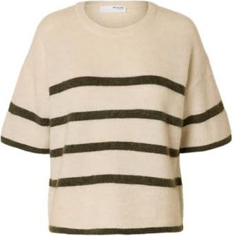 SELECTED - Trui - Donkerbruin - Knitwear - Ronde Hals, Gestreept, Losse Pasvorm