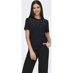 Only - Round Neck T-shirt - Zwart - Katoen/Modal - Rhinestone Detail