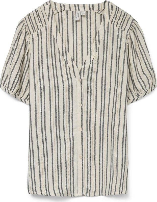 VERO MODA - Gestreepte Blouse - Ecru/Zwart - V-hals - Korte Mouwen
