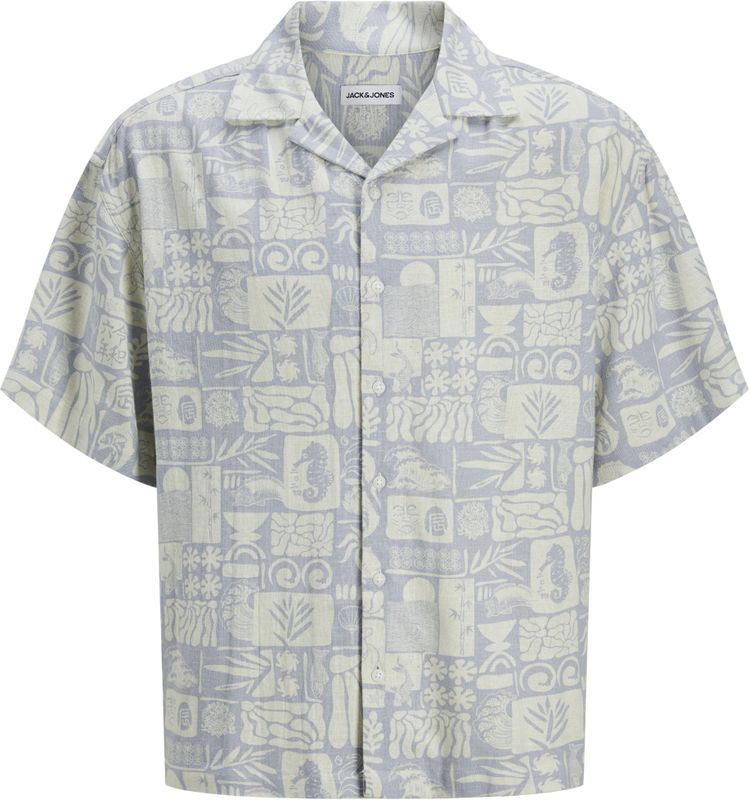 JACK&JONES - JJWAYNE AOP RESORT SHIRT SS - Heren - Overhemd - Lichtblauw - Keperstof