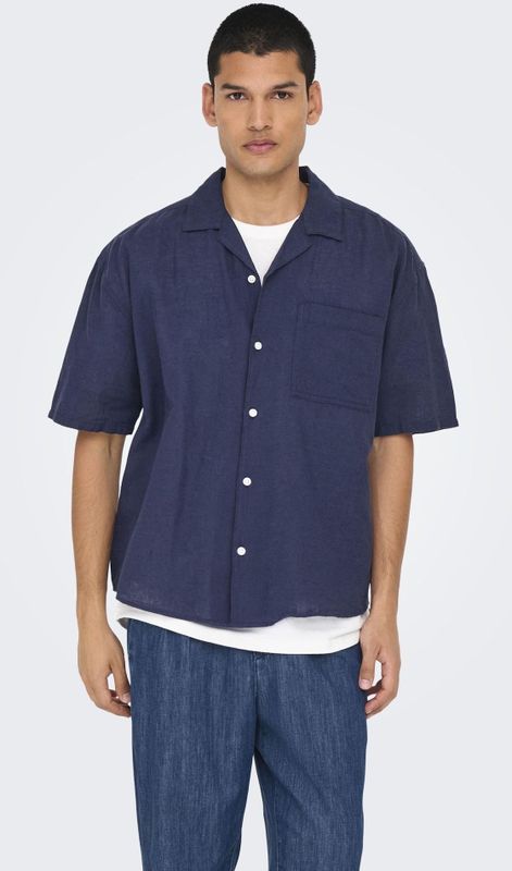 Onscaiden - Overhemd - Blauw - Katoen - Korte Mouwen - Relaxed Fit
