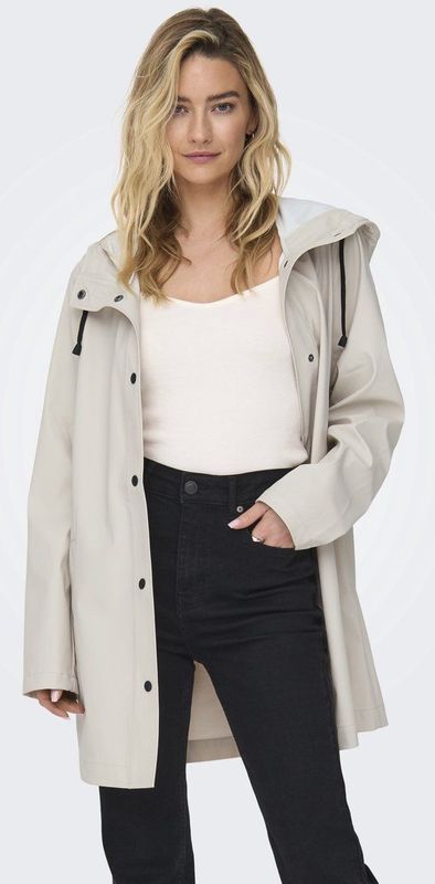 ONLY - Regenjas - Ecru - 100% Polyurethaan - Vaste Kap met Aantreklint