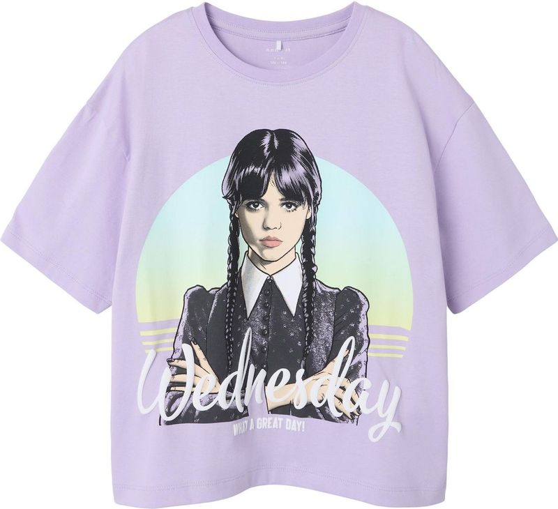 Wednesday - Top - Zwart - Jersey - Rubberen Print - Ronde Hals - Korte Mouwen