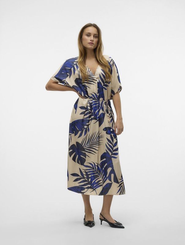VERO MODA - VMVINA WIDE 7/8 KAFTAN WVN GA - Dames - Maxi Jurk - Blauw - V-Hals - Mouwloos