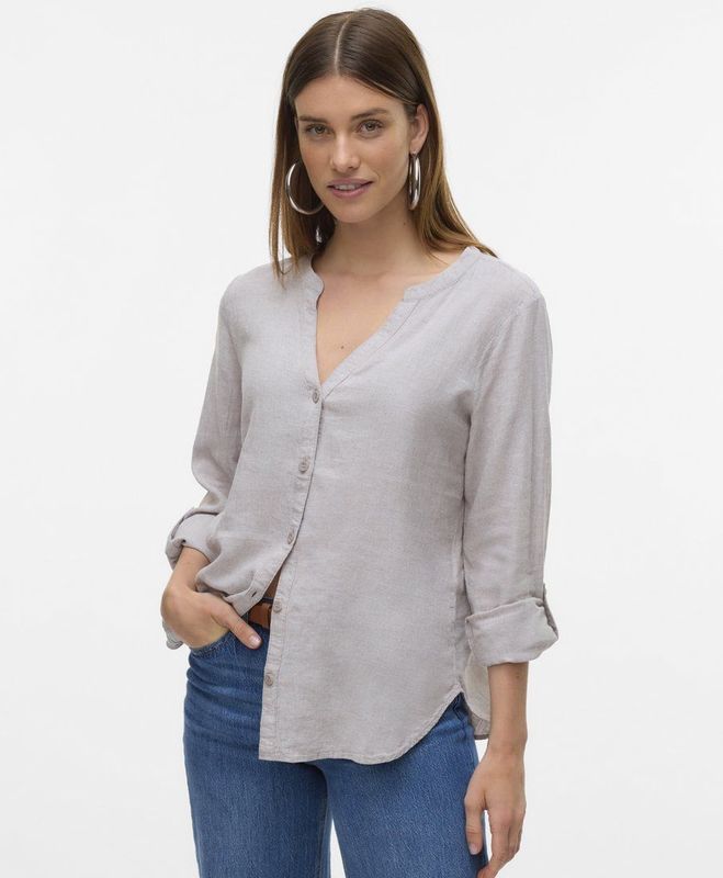 Vero Moda - Vmlinn Ls V-neck - Blouse - Moon Rock - 55% Linnen, 45% Viscose