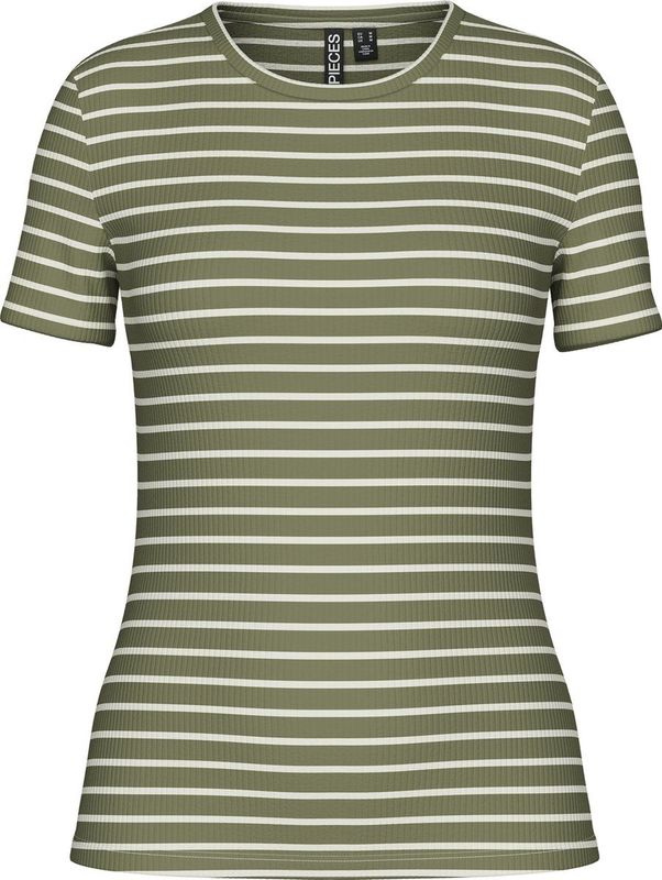 PIECES - PCRUKA - T-shirt - Kaki/Wit - Slanke Pasvorm - Kwartmouw