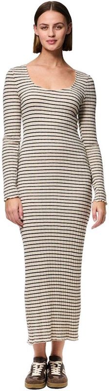 Pieces - Iris - Lange Jurk - Zwart - Diepe V-hals, Lange Mouwen, Regular Fit, Ribstof