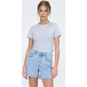 JDY - T-shirt - Blauw-wit - Geribd - Korte Mouwen