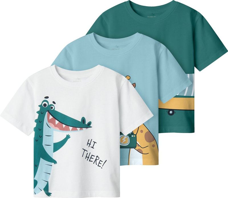 NAME IT - NMMHelge - T-shirt - Lichtblauw - Geel - Donkergroen - Wit - 3 Pack