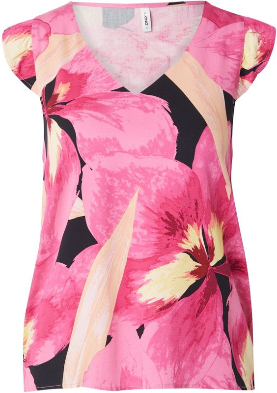 Only - Tanktop - Multikleur - Katoen - V-hals - Korte Mouwen