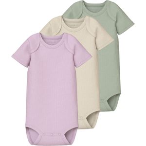 3-pack Romper - Verticaal Gestreept - Katoen - Amerikaanse Halslijn - Korte Mouwen