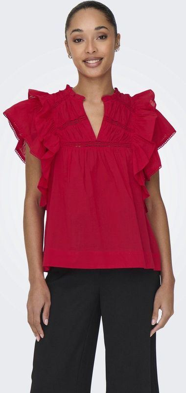 Stoponlsunny - Top - V-Hals - Katoen - Korte Mouwen - Ruches en Kanten Detail