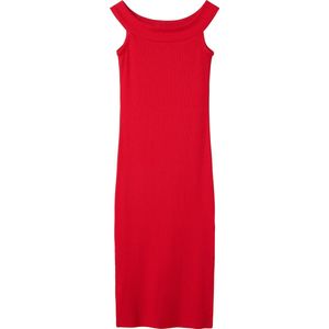 Slim Fit - Jurk - Off-Shoulder - Lang - Ribgebreide Stof met Zijsplitten