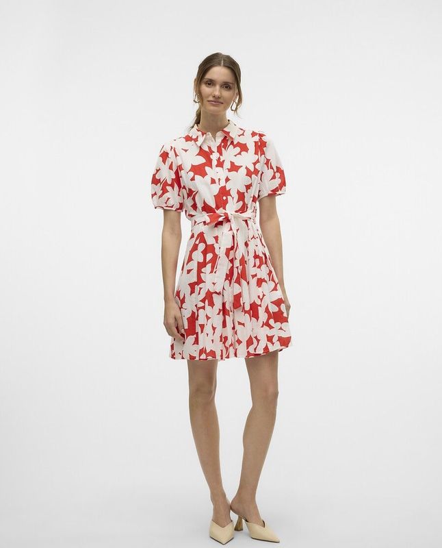 Blousejurk - V-Hals - 2/4 Mouwen - Knoopsluiting - Kort - Riem in Taille - Regular Fit