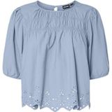 Blouse - Lichtgewicht - Katoen - Ronde Hals - Halflange Mouwen - Gesmokt - Borduring