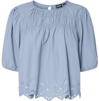 Blouse - Lichtgewicht - Katoen - Ronde Hals - Halflange Mouwen - Gesmokt - Borduring