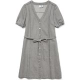 Denim Jurk - V-Hals - Korte Mouwen - Knoopsluiting - Riem in Taille