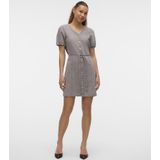 Denim Jurk - V-Hals - Korte Mouwen - Knoopsluiting - Riem in Taille