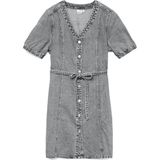 Denim Jurk - V-Hals - Korte Mouwen - Knoopsluiting - Riem in Taille