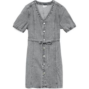 Denim Jurk - V-Hals - Korte Mouwen - Knoopsluiting - Riem in Taille