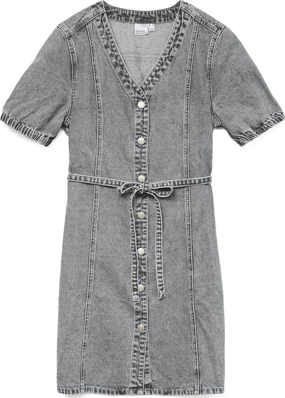 Denim Jurk - V-Hals - Korte Mouwen - Knoopsluiting - Riem in Taille