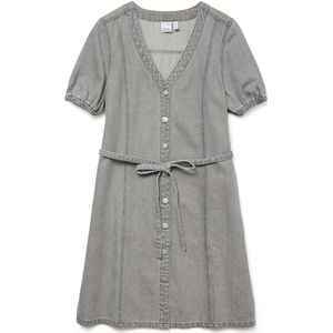 Denim Jurk - V-Hals - Korte Mouwen - Knoopsluiting - Riem in Taille