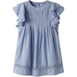 Katoen - Jurk - Lichtblauw - Korte Mouwen - Ronde Hals - Ruches