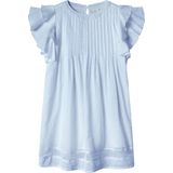 Katoen - Jurk - Lichtblauw - Korte Mouwen - Ronde Hals - Ruches