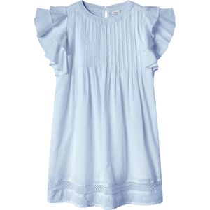 Katoen - Jurk - Lichtblauw - Korte Mouwen - Ronde Hals - Ruches