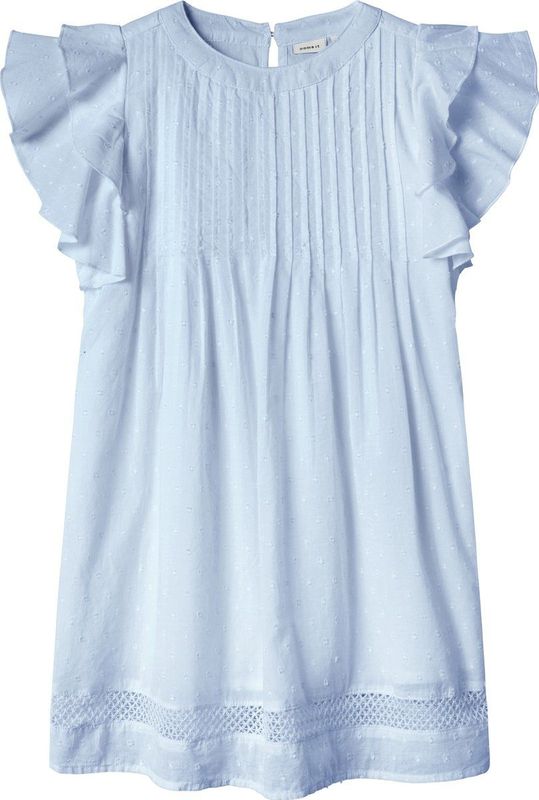 Katoen - Jurk - Lichtblauw - Korte Mouwen - Ronde Hals - Ruches