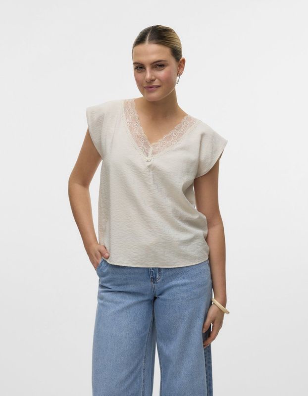Top - V-hals - Mouwloos - Kantdetail - 85% Viscose, 15% Nylon