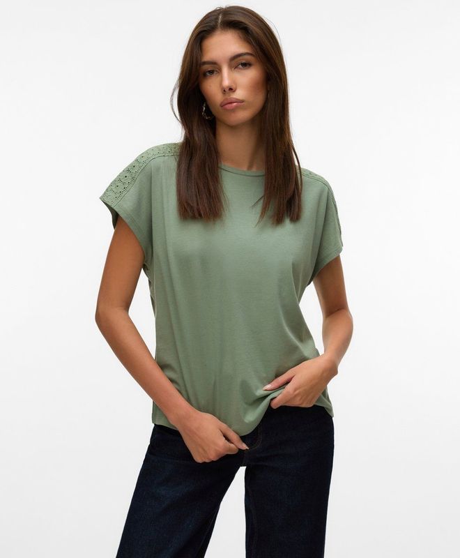 T-shirt - Kanten Detail - O-hals - Korte Mouwen - Regular Fit