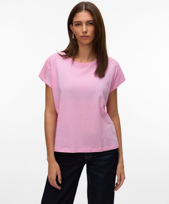 T-shirt - Kanten Detail - O-hals - Korte Mouwen - Regular Fit