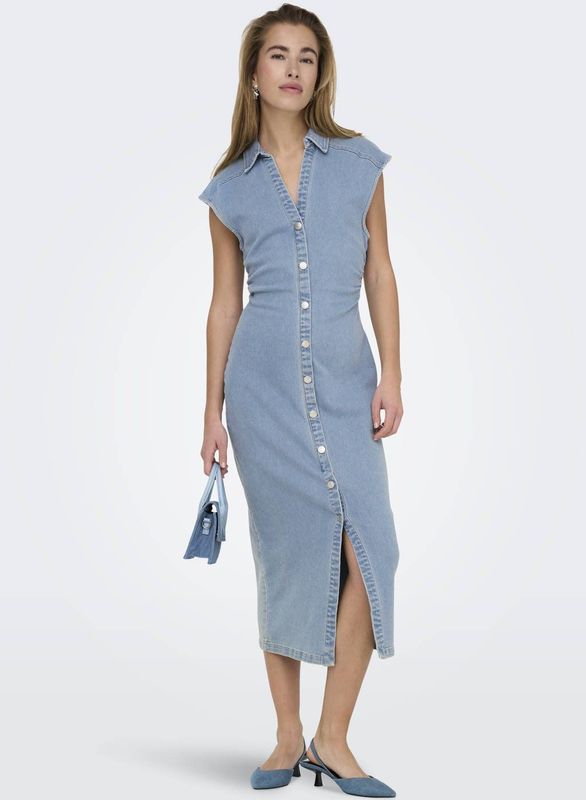Onlbabe - Midi-jurk - Denim - V-Hals - Kapmouwen - Knoopsluiting - Regular Fit