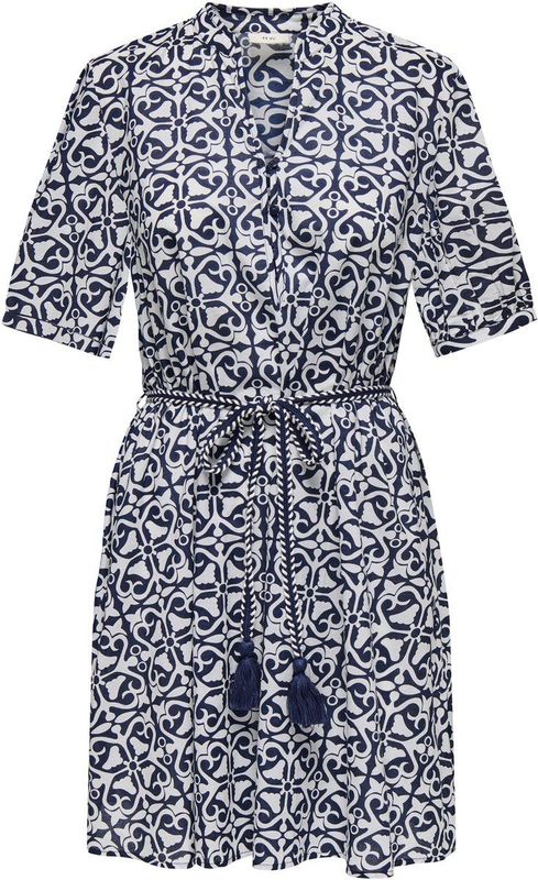 JDY - Midi-jurk - Zwart - V-Hals, Korte Mouwen, Strikceintuur, Regular Fit