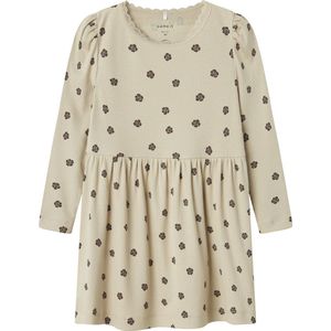 Ribgebreid Jurk - Lange Mouwen - All-over Print - Ronde Hals - Kantdetail