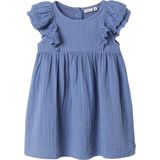 Katoen Jurk - Lichtblauw - Mousseline - Ronde Hals - Knoopsluiting - Ruches