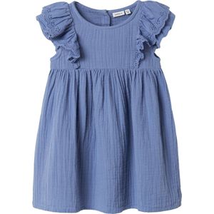 Katoen Jurk - Lichtblauw - Mousseline - Ronde Hals - Knoopsluiting - Ruches