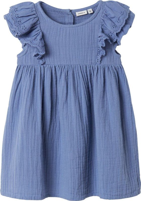 Katoen Jurk - Lichtblauw - Mousseline - Ronde Hals - Knoopsluiting - Ruches