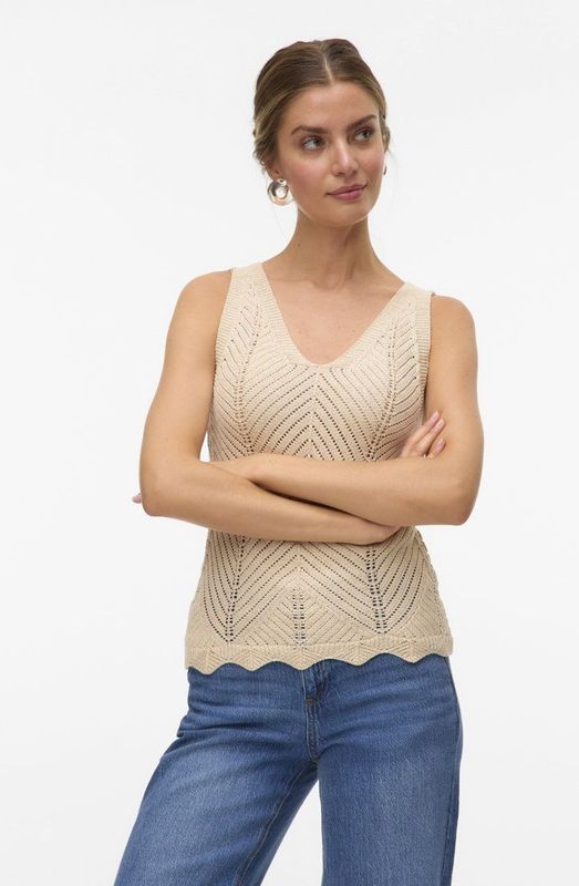 Vero Moda Vmnoel Sl V-Neck Top - Beige - 43% Acryl 43% Katoen 14% Metaalvezels