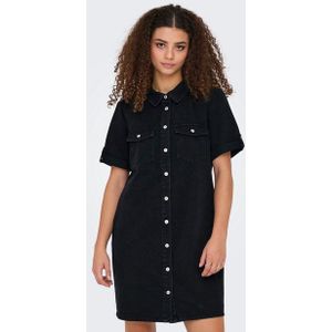 Denim Jurk - Blauw - Korte Mouwen - Overhemd Kraag - Stiksel Details