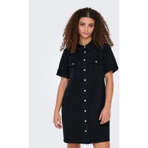 Denim Jurk - Korte Mouwen - Overhemd Kraag - Stiksel Details