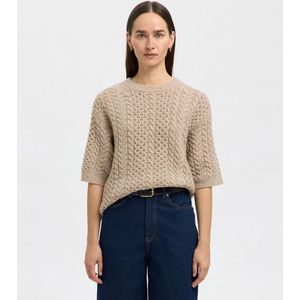 Selected Femme - Slfnelly 2/4 Knit O-Neck - Wollen Trui - Beige