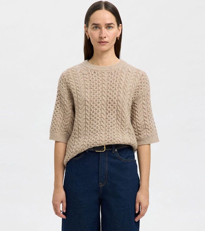 Selected Femme - Slfnelly 2/4 Knit O-Neck - Wollen Trui - Beige