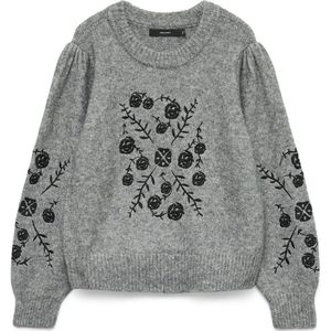 Vero Moda - Vmjuta Ls O-neck Embrodery - Pullover - Medium Grey Mel/w. Black