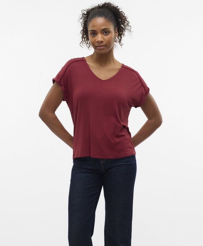 Top - Kanten Detail - V-Hals - Korte Mouwen - Relaxed Fit