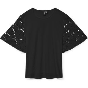 Vero Moda - T-shirt - Zwart - Katoen - Ajourpatroon op Mouwen