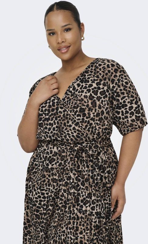 ONLY CARMAKOMA - Casual Jurk - Zwart - V-Hals - Korte Mouwen - Riem in Taille