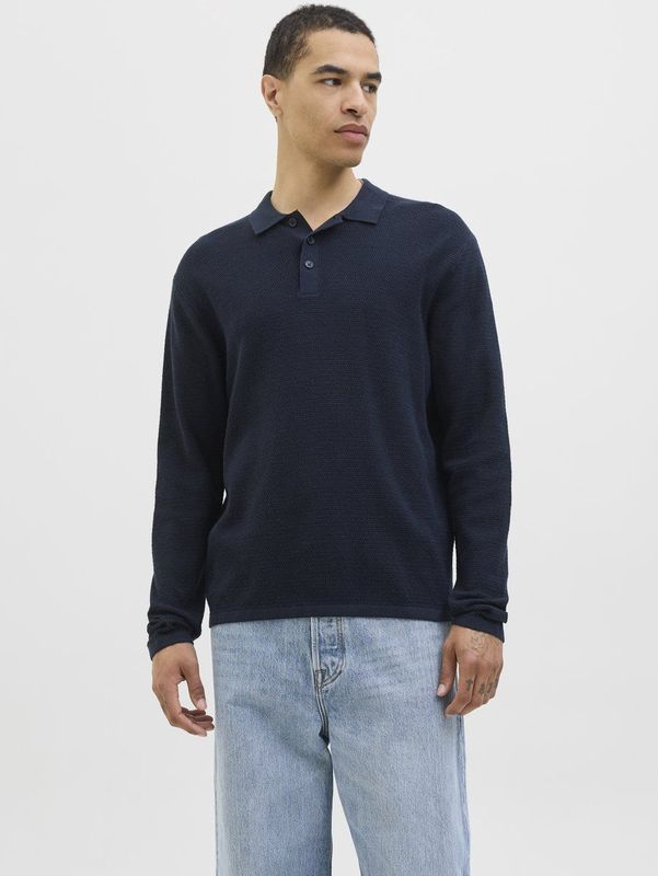 Basic - Gebreide Polo met Col - Blauw - Katoen - Relaxte Pasvorm